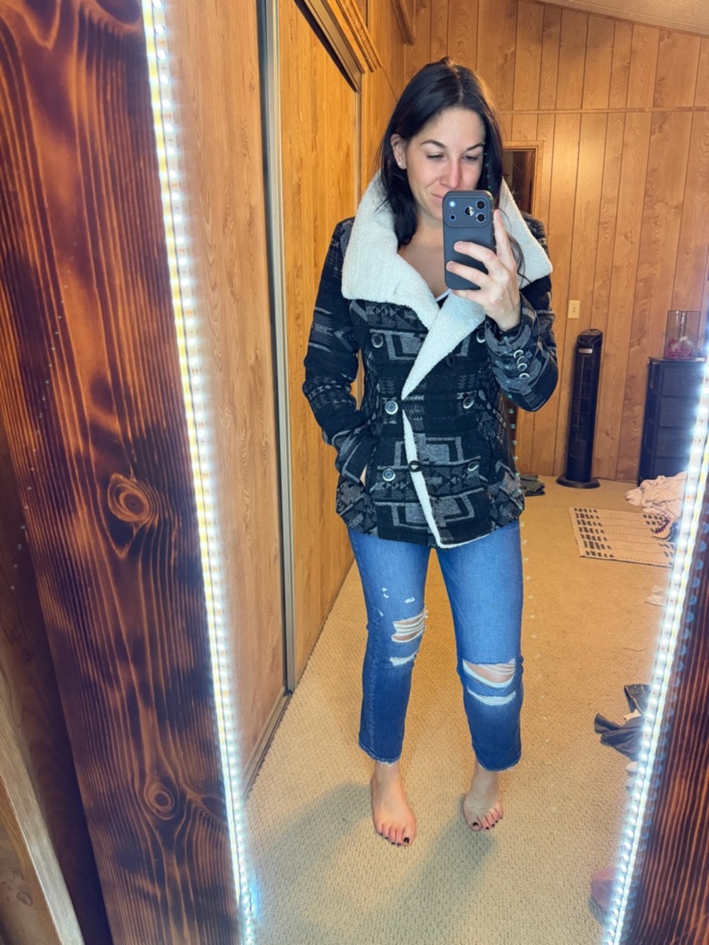 Womens Black Patterned Teddy Jacket with Cream Faux-Shearling Collar